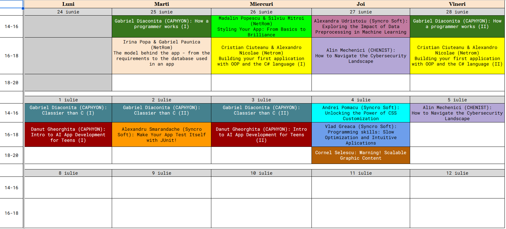 Orar cursuri Summer School 2024